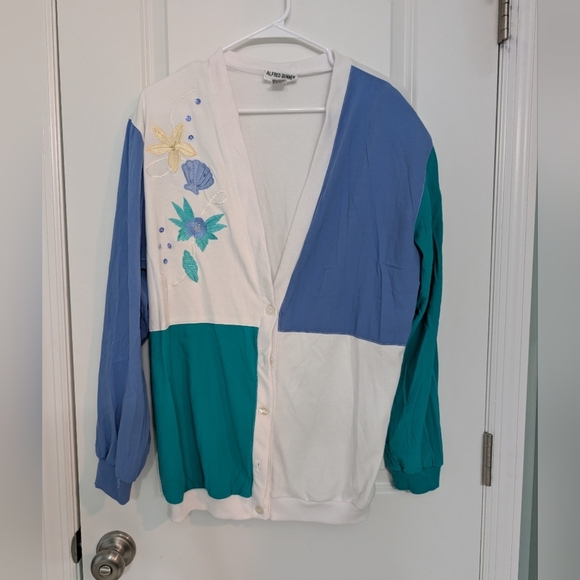 Alfred Dunner Sweaters - Vintage Women's Size Small, Oversized Color Block Cardigan, Coastal Grandma